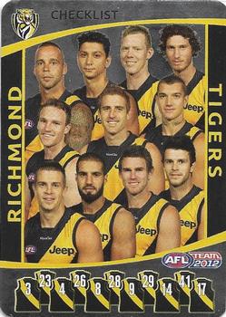 2012 Team Zone AFL Team - Team Checklists #NNO Richmond Tigers Front